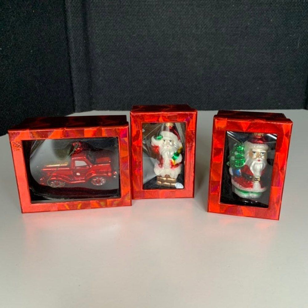 Glass Hand Painted Red Truck Santas Ornaments Lot Of 3 Target 2005 Red Boxes.